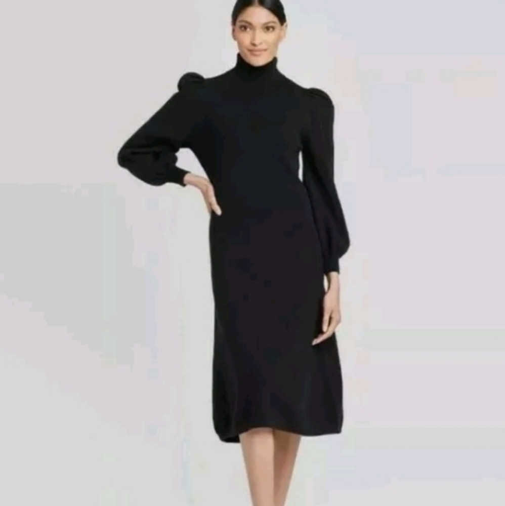 Who What Wear Black Puff Sleeve Turtleneck Sweater Midi Dress XS NWT